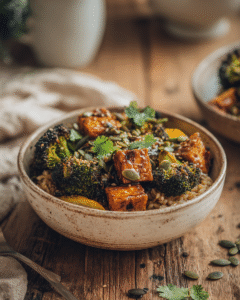 Citroenrijst met broccoli en tempeh.