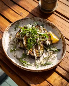 Geroosterde aubergine met tahin en rucola