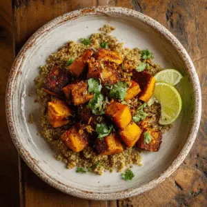 Geroosterde pompoen met miso-quinoa en sesamtempeh