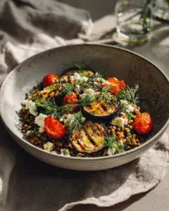 Mediterrane linzensalade met gegrilde aubergine en feta