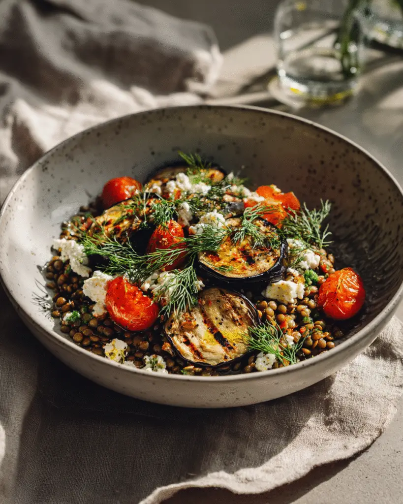 Mediterrane linzensalade met gegrilde aubergine en feta