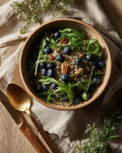 Quinoasalade met blauwe bessen, rucola en pecannoten