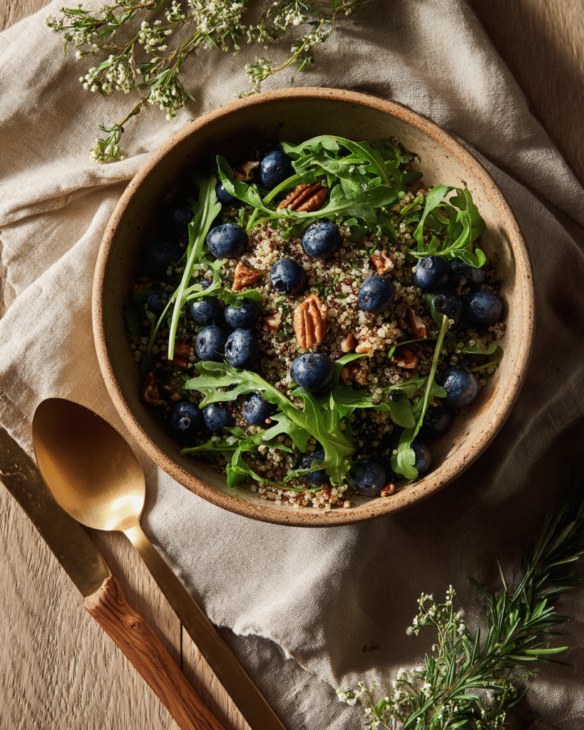 Quinoasalade met blauwe bessen, rucola en pecannoten
