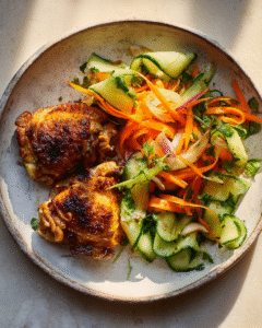krokante kip met wortel-komkommersalade