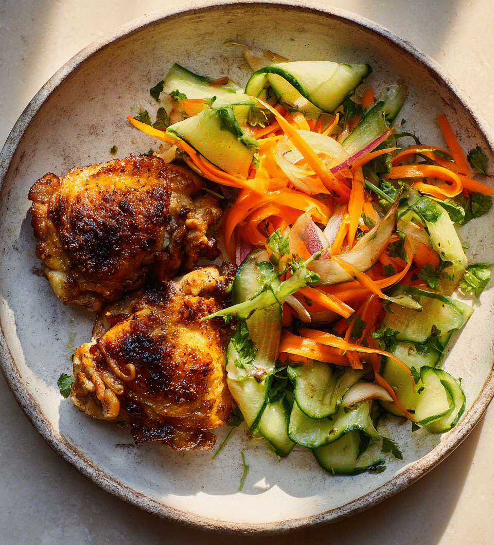 Krokante kip met wortel-komkommersalade