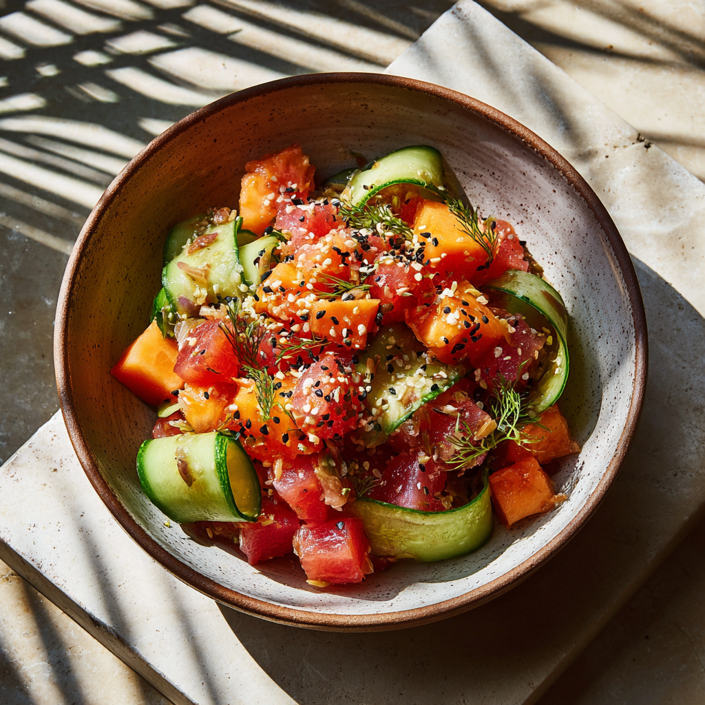 Tonijnbowl met papaja, komkommer en sesam