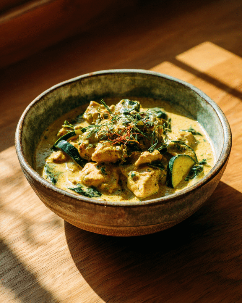 Kokoscurry met kip en spinazie