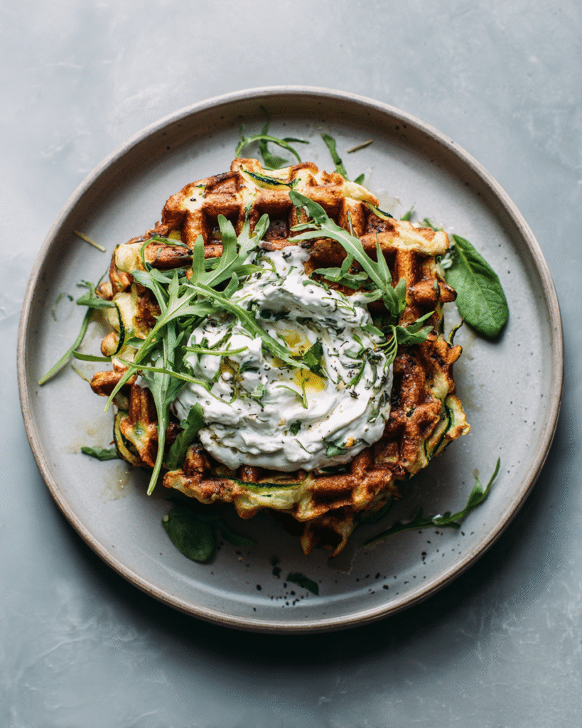 Krokante courgettewafels met basilicumroom en rucola