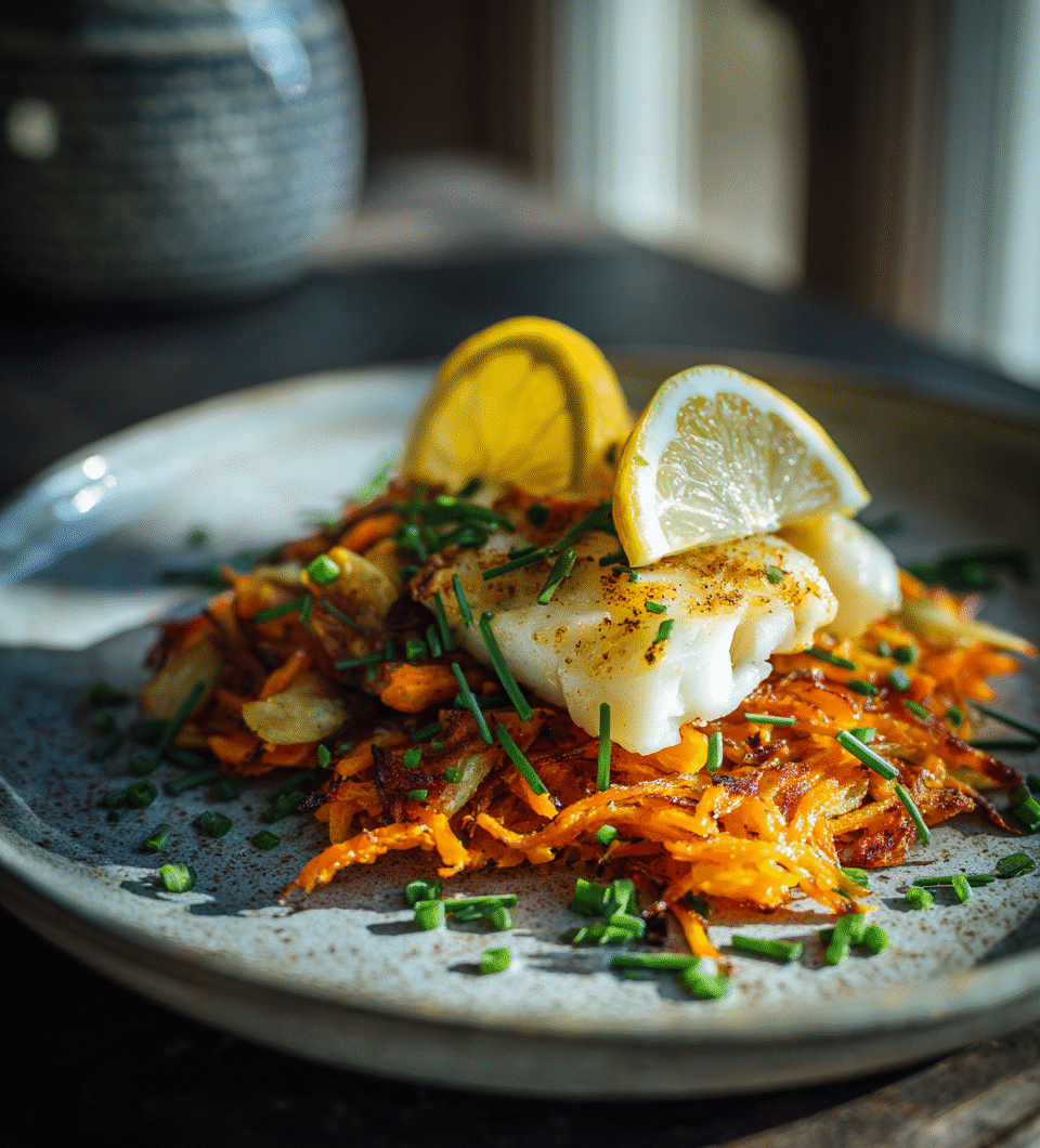 Pompoen-wortelrösti met kabeljauw